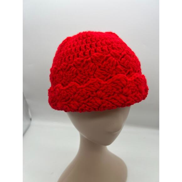 Red crochet knit woven hat beanie cap scallop edge colorful Small Womens - Picture 3 of 6